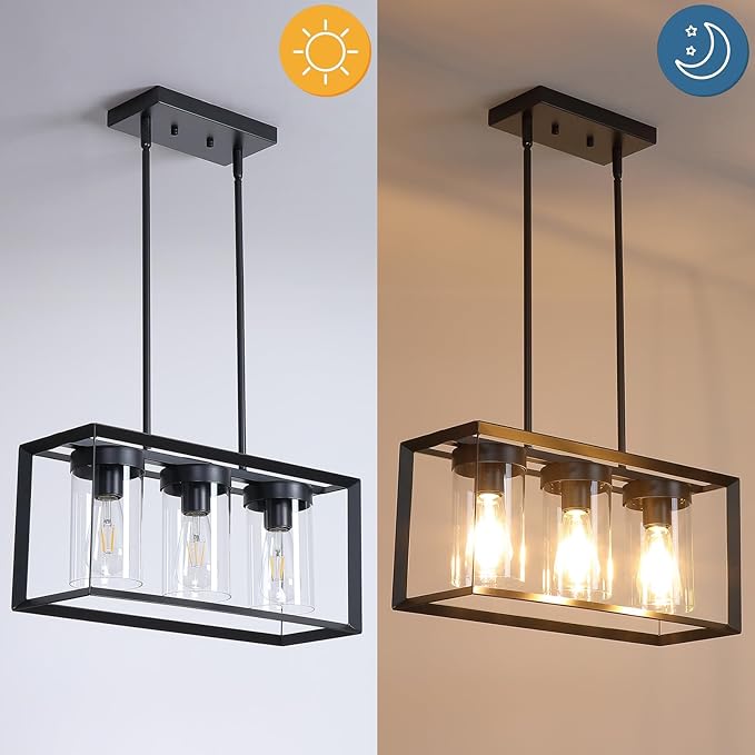 Black Rectangle Farmhouse Chandeliers, 3-Light Modern Linear Dining Room Light Fixture with Clear Glass Shades, Kitchen Island Lighting Fixtures Over Table Ceiling Hanging Pendant Lights
