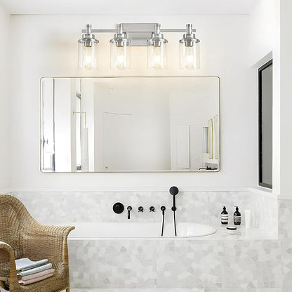 Brushed Nickel 4-Light Bathroom Vanity Light Fixtures Over Mirror, Modern Wall Sconce with Clear Glass Shade for Hallway