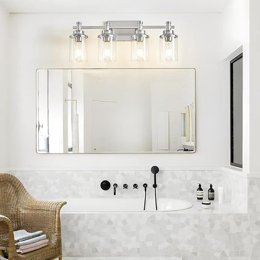 Brushed Nickel 4-Light Bathroom Vanity Light Fixtures Over Mirror, Modern Wall Sconce with Clear Glass Shade for Hallway