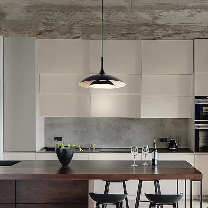 GLOBE Electric x Novogratz 67000104 14W LED Integrated Pendant Light Fixture, Glossy Black, Fabric Cord, Matte White Interior Shade, Dimmable, 800 Lumens, 3000K, 90 CRI, Living Room Pendant Light