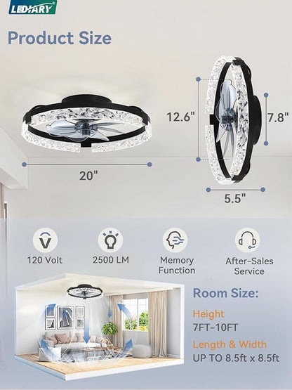 LEDIARY 2 Pack 20 Inch Ceiling Fans with Lights and Remote, Fandelier Modern Low Profile Ceiling Fan, 3000K-6000K Dimmable LED Fan Light, Black Flush Mount Ceiling Fans with Lights for Bedroom