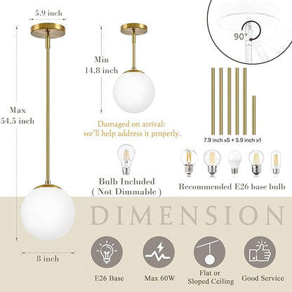 Bagood 8" Globe Pendant Light Gold 2 Pack Mid Century Pendant Light Globe Pendant Lights Kitchen Island Brushed Brass Finished with Milk Glass Adjustable Ceiling Light Fixtures for Dining Room Bar