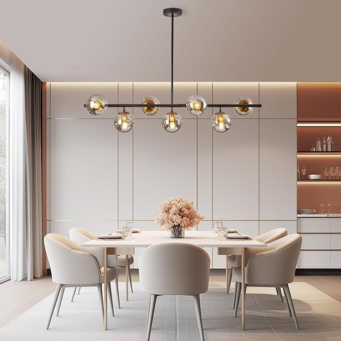 Modern linear chandeliers for dining room,7 Lights Glass Globe sputnik ceiling light fixture 41" Mid Century black and gold chandelier (Large Long Pendant Hanging Lighting for Kitchen Island)