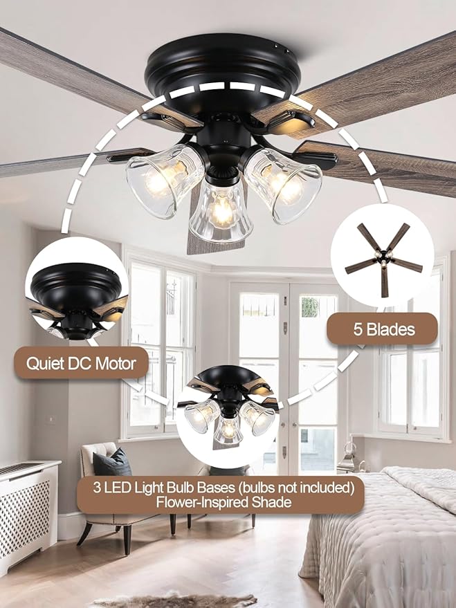 60" Flush Mount Vintage Ceiling Fan with Lights and Remote, Farmhouse Rustic Ceiling Fan Low Profile Antique Fandelier Chandelier for Bedroom Living Room, 3 E26 Lights (Bulbs Not Included)