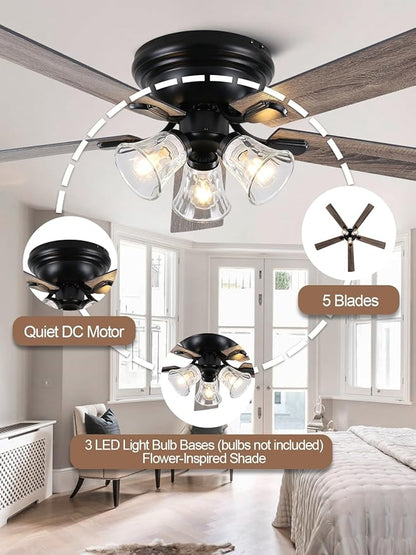 60" Flush Mount Vintage Ceiling Fan with Lights and Remote, Farmhouse Rustic Ceiling Fan Low Profile Antique Fandelier Chandelier for Bedroom Living Room, 3 E26 Lights (Bulbs Not Included)