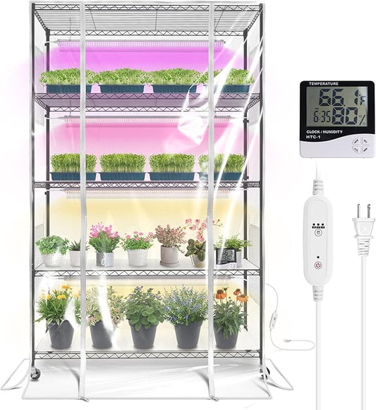 Bstrip Indoor Greenhouse with Grow Light, 5-Tier 47.2"x17.8"x71" Metal Plant Cabinet with Timer & Cover, 4 x 36W Full Spectrum LED Grow Light (3 Color Modes), Seed Starting Trays for Indoor Gardening