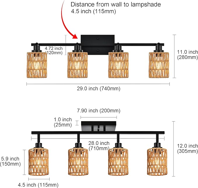 MELUCEE 4 Light Track Lighting Kit Farmhouse Bathroom Light Fixtures Black Ceiling Spotlight Fixture with Rattan Lamp Shade for Hallway Porch Foyer Bath Storage