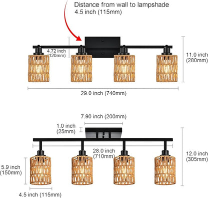 MELUCEE 4 Light Track Lighting Kit Farmhouse Bathroom Light Fixtures Black Ceiling Spotlight Fixture with Rattan Lamp Shade for Hallway Porch Foyer Bath Storage