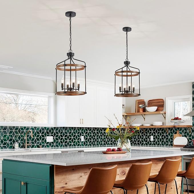 Modern Black Chandelier, 4-Light Farmhouse Dining Room Light Fixture Over Table, Muted Black with Retro Wood Texture Shade, Rustic Cage Hanging Pendant Lighting for Hallway Entryway Kitchen Bedroom