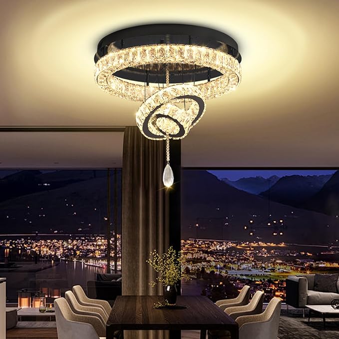 Flashing God Dia 20" Modern Crystal Chandelier for Dining Room Black Ceiling Chandelier Flush Mount Ceiling Light for Living Room Bedroom Hallway
