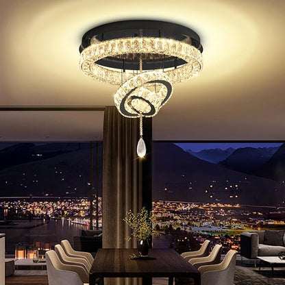Flashing God Dia 20" Modern Crystal Chandelier for Dining Room Black Ceiling Chandelier Flush Mount Ceiling Light for Living Room Bedroom Hallway