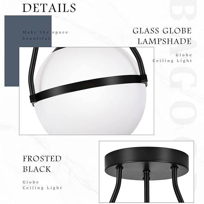 Bagood 8 Inch Mid Century Ceiling Light Modern Semi Flush Mount Ceiling Light Fixture Globe Ceiling Light Fixture with Milk Glass Shade Matte Black Finish for Kitchen Island Hallway Laundry(Bulb Incl)