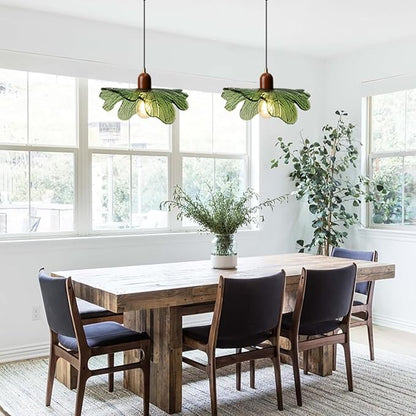 Vintage Green Pendant Lights Kitchen Island, Adjustable Hanging Ceiling Light Fixture, 13 Inch Flower Glass Shade, Mid Century Modern Farmhouse Chandelier for Bedroom Dining Room 1 Light
