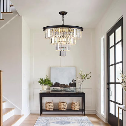 10 Light Black Crystal Chandelier 24'' Modern Round Chandeliers for Dining Room Contemporary Ceiling Pendant Light Fixture 4-Tier Adjustable Height E12 for Living Room Foyer Entryway