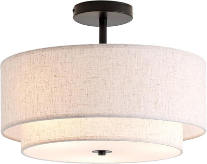 CALOKES 16" Double Drum 3-Light Semi Flush Mount Ceiling Light, Classic Fabric Linen Shade Design for Living Room, Bedroom, Kitchen, Dining Room, Hallway and Entryway