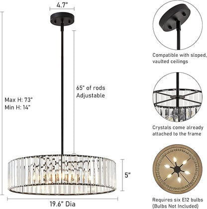 YURNYQ Black Crystal Chandelier for Dining Room, 6-Light Modern Semi Flush Mount Chandelier Lighting Fixtures, Round Kitchen Hanging Drum Pendant Lights Ceiling for Living Room Bedroom Foyer, 19.6Inch
