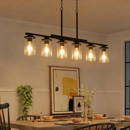 2026 Upgrade 40.15'' Large Dining Room Chandelier Over Table, 6-Light Wood Island Lights for Kitchen Island Lighting, Farmhouse Dining Room Light Fixture Black Farmhouse Chandeliers for Dining Room