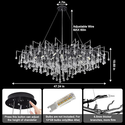 Chandeliers for Dining Room - 47.5" Modern Black Crystal Chandelier, Round Tree Branch Raindrop Chandelier, Foyer Chandeliers for Entryway, Living Room,Bedrooms,Bathroom(Bulb not Included)