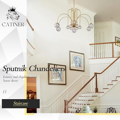 CATINER Gold Chandeliers 12 Lights Modern Sputnik Chandelier Large L52”Mid Century Ceiling Pendant Light Fixtures with Smoke Glass Globe Shades for High Ceiling Living Dining Room Foyer Staircase