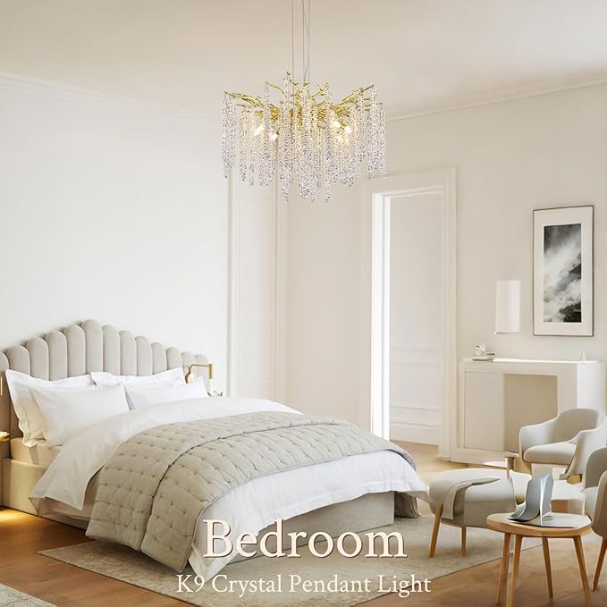 Benkut Modern Tree Branch Crystal Chandelier Luxury Gold Raindrop Pendant Lighting 23.6" Contemporary 8-Light Chandeliers for Dining Room Kitchen Bedroom Living Room
