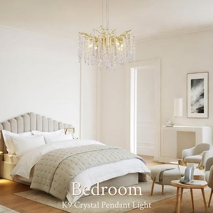 Benkut Modern Tree Branch Crystal Chandelier Luxury Gold Raindrop Pendant Lighting 23.6" Contemporary 8-Light Chandeliers for Dining Room Kitchen Bedroom Living Room