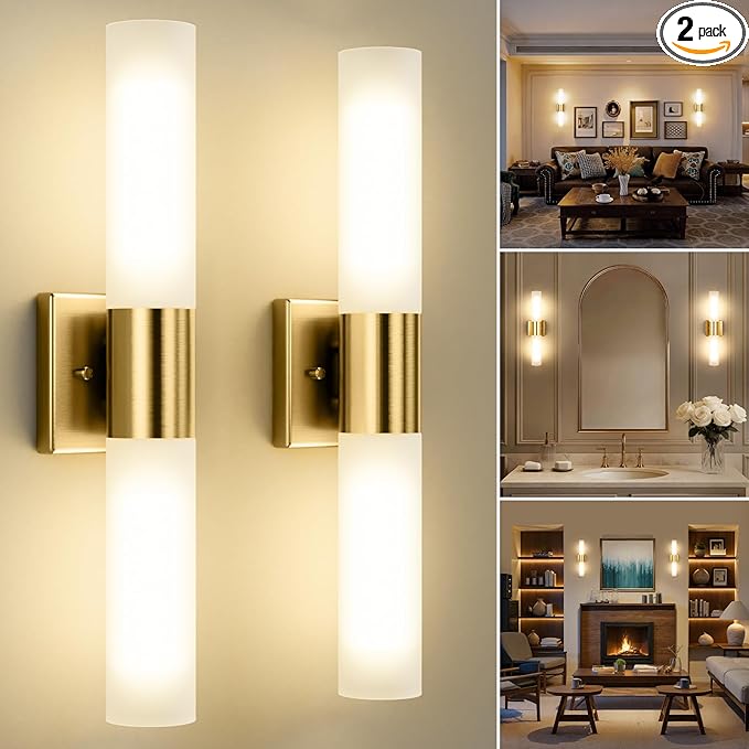 Kalium Bathroom Wall Sconces Set of Two, 21 Inch Modern Vanity Lights with Frosted Glass Shade, Bathrooms Vanity Lighting Fixtures for Mirror Bedroom Living Room Hallway (Gold)