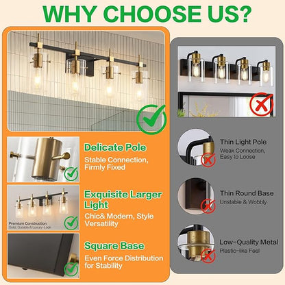 SOLFART Farmhouse Brass Bathroom Vanity Lights fixtures Over Mirror Vintage Bathroom Lighting Wall Sconce with Glass Shade 4 Lights