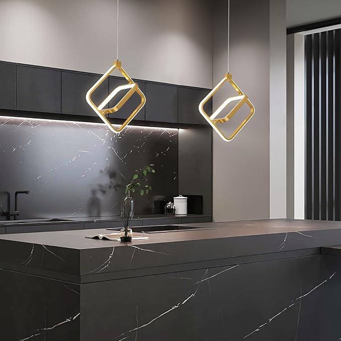 Modern LED Chandelier Gold Rectangular Pendant Light Fixtures 4000K 20W Dimmable Height Adjustable Pendant Lighting for Dining Room Kitchen Island Bedroom Living Room Foyer（1-Pack）
