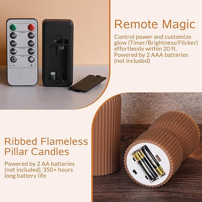 Warm Brown Ribbed Flameless Pillar Candles with Remote, Real Wax Flickering Battery LED Candles Christmas Decor Gift Set of 2
