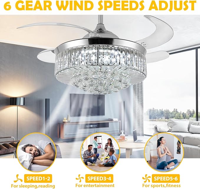 36" Invisible Ceiling Fan Chandelier Light,Modern Crystal Ceiling Fan Light Remote Control 4 Retractable ABS Blades for Bedroom Living Room Dining Room Decoration (Silver)