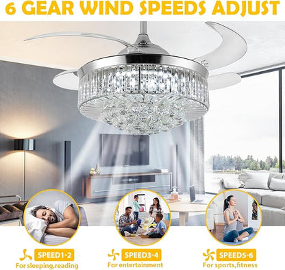 36" Invisible Ceiling Fan Chandelier Light,Modern Crystal Ceiling Fan Light Remote Control 4 Retractable ABS Blades for Bedroom Living Room Dining Room Decoration (Silver)