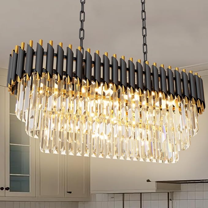 31.5" 8-Light Modern Black Gold K9 Crystal Chandelier, Luxury Rectangular Raindrop Pendant Light with Adjustable Chain, Hanging Chandeliers for Dining Room, Kitchen Island, Living Room