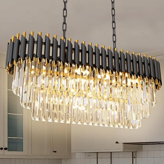 31.5" 8-Light Modern Black Gold K9 Crystal Chandelier, Luxury Rectangular Raindrop Pendant Light with Adjustable Chain, Hanging Chandeliers for Dining Room, Kitchen Island, Living Room