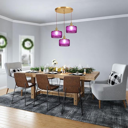 3-Light Glass Globe Chandelier Kitchen Island Mid Century Modern Ceiling Pendant Light Purple Striped Shade Gold Hanging Lights Fixture Multi Light Cluster Chandeliers Dining Room