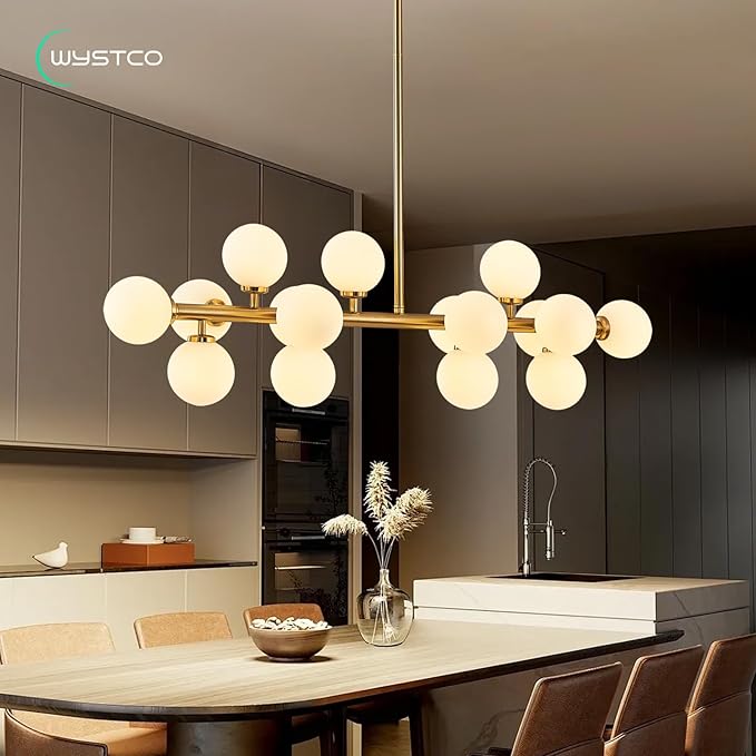 16-Light Globe Sputnik Chandelier, Mid Century Modern Dining Light Fixture Over Table, Brass Gold Linear Chandeliers for Dining Room, Kitchen Island, Living (Milk White Glass Bubble, 40 Inch)