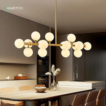16-Light Globe Sputnik Chandelier, Mid Century Modern Dining Light Fixture Over Table, Brass Gold Linear Chandeliers for Dining Room, Kitchen Island, Living (Milk White Glass Bubble, 40 Inch)