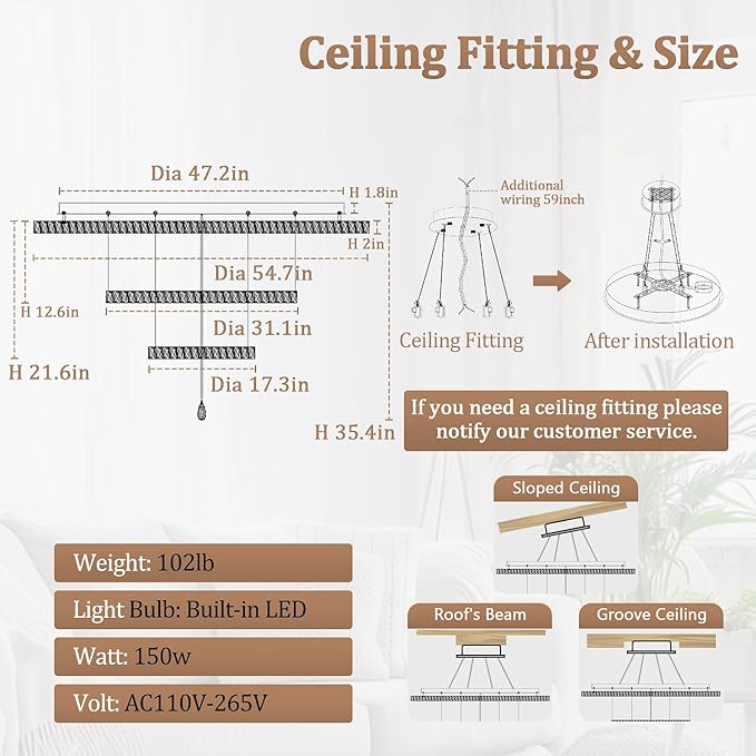 Flashing God Extra Large Chandelier Dia 55" Chrome Chandeliers Flush Mount Chandelier for Living Room Bedroom Dining Room Hallway Dimmable 3 Rings Ceiling Chandeliers