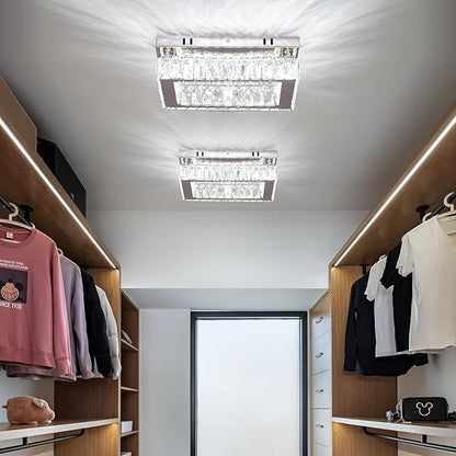 Dimmable Crystal LED Flush Mount Ceiling Light, 11.8"×9.1" Rectangular Close to Ceiling Chandelier, K9 Crystal & Stainless Steel, Remote & App Control, 3000–6500K CCT for Bedroom Living Room