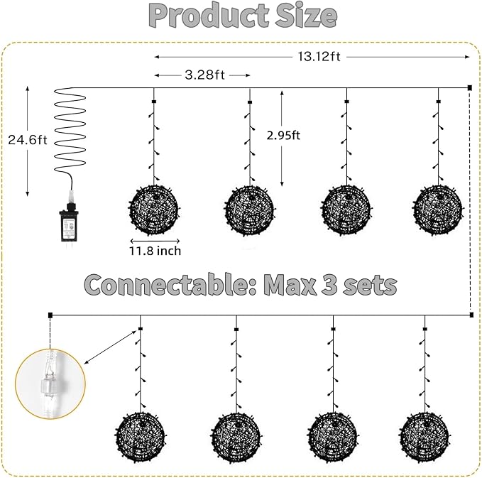 SenLuKit Outdoor Christmas Balls 4 Pack Hanging 11.8" LED Garden Sphere Tree Lights 8 Modes Waterproof String with Memory Timer Plug for Party Yard Porch Eave Patio Home Decoration-Cool White