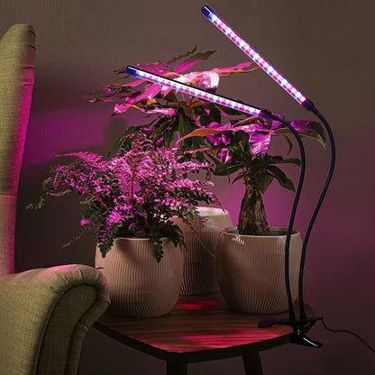 Solar Grow Lights with Batteries, 2 Heads Clip Plant Growing Lamp with Red Blue Spectrum for Indoor Plants, 3/9/12H Timer, 3 Dimmable Level, Adjustable Gooseneck,3 Switch Modes, Auto On Off