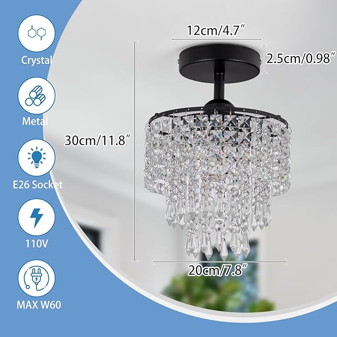 8" Black Chandelier 3-Tier Crystal Raindrop Flush Mount Ceiling Light Fixture Mini Chandelier Light for Bedroom Kitchen Hallway Bathroom Closet (Black)