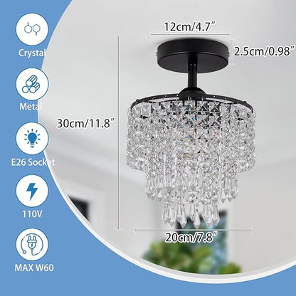8" Black Chandelier 3-Tier Crystal Raindrop Flush Mount Ceiling Light Fixture Mini Chandelier Light for Bedroom Kitchen Hallway Bathroom Closet (Black)