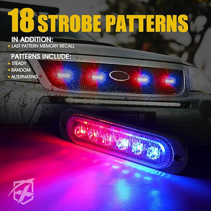 Xprite 8PCS LED Emergency Strobe Lights, Red Blue 12-LED Surface Mount Flashing Strobe Lights, Sync Feature Ultra Slim Grill Light for Volunteer Trucks ATV SUV Vehicles