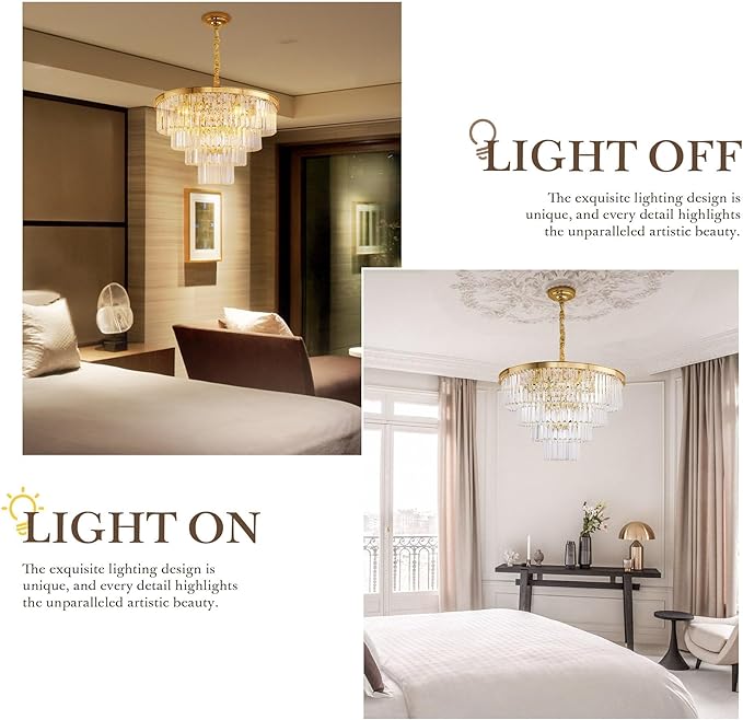 Gold Plated Crystal Modern Contemporary Chandeliers Pendant Ceiling Light 4-Tier Chandelier Lighting for Dining Room Living Room Bedroom Girls Room Dia 18"