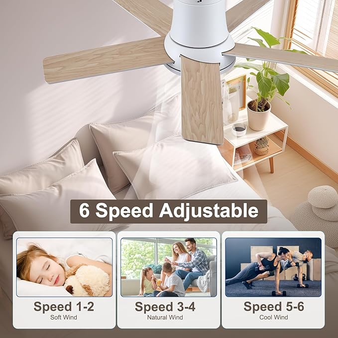 42 Inch Ceiling Fans with Lights and Remote, Flush Mount White Ceiling Fan for Bedroom Living Room Indoor/Outdoor, Quiet 6 Speed Reversible DC Motor, 3CCT, Dual Color 5 Blades, ETL Listed