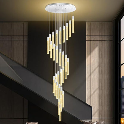 D28inxH177in Long Crystal Column Chandelier Large Staircase Chandelier for High Ceiling 30-Light Dimmable LED Pendant Lighting Foyer Entryway Light Source is Replaceable
