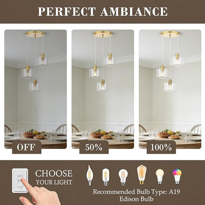 Brushed Gold Dining Room Chandelier Light Fixture, 3-Light Pendant Lighting with Clear Glass, Modern Kitchen Island Cluster Hanging Pendant Lights for Kitchen Dining Room, OS-YQ8153-3BGC