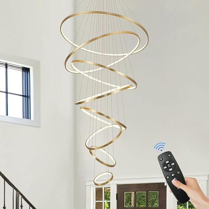 Modern LED Chandeliers 35" Brushed Gold 8-ring Big LED Chandelier for High Ceiling with Remote Control Hanging Height Adjustable Max 98" Long Chandelier for Foyer Living Room Entry Staircase