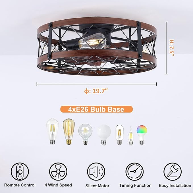 REDSTAR Flush Mount Caged Ceiling Fan with Lights, 20" Small Bladeless Ceiling Fans with Remote, Rustic Low Profile Ceiling Fans Quiet Reversible Enclosed Ceiling Fan for Bedroom Kitchen Farmhouse