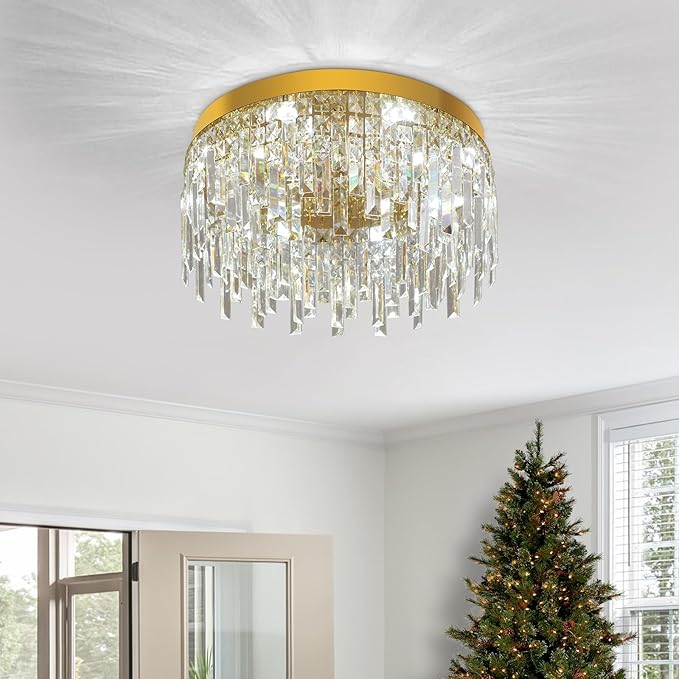 VETRULUS Gold Crystal Chandeliers for Dining Room 15.74" Round Luxury Flush Mount Crystal Ceiling Light Fixture Modern Chandelier for Bedroom Living Room Kitchen Island